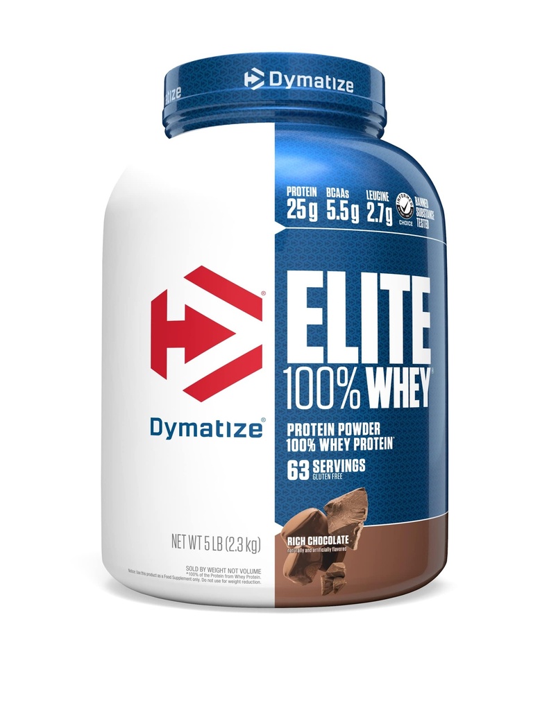 Dymatyzacja Elite 100% Proszek białka serwatki, 25g Białko, 5,5 g BCAA & 2.7 L- Leucyna, Szybkie Absorbowanie i Szybkie Spożywanie do optymalnego odzyskiwania mięśni, Bogata Czekolada, 5 Funt (63 Słupki)