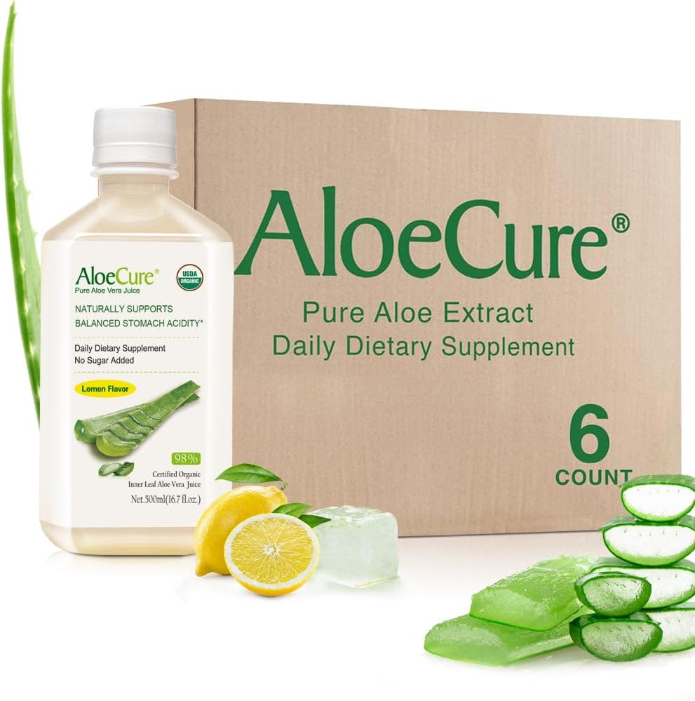 AloeCure USDA Organic Aloe Vera Sok Lemon Flavor - Made In 12 Hours of Harvest - Natural Digestive Supplement for Balanced Stomach Acidity - Support Digestive and Immune Health, 6 Btls x 16.7oz