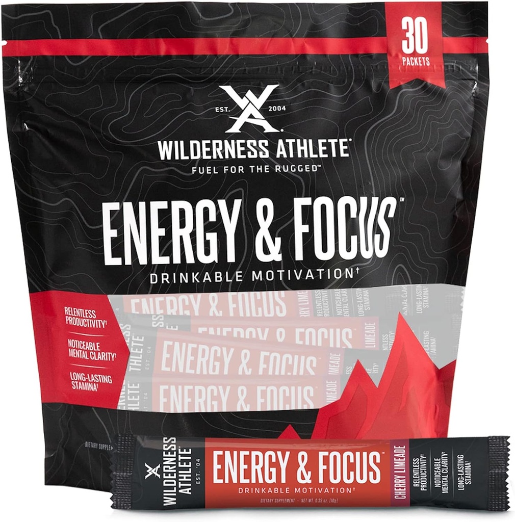 Wilderness Athlete - Energy & Focus Athlete 124; Energy Booster for Women & Men - Energy Drink Mix with Natural Caffere - Low- Carb, Zero Sugar Energy Drink Powder - 30 Serving Energy Drink Pakiety (Cherry)