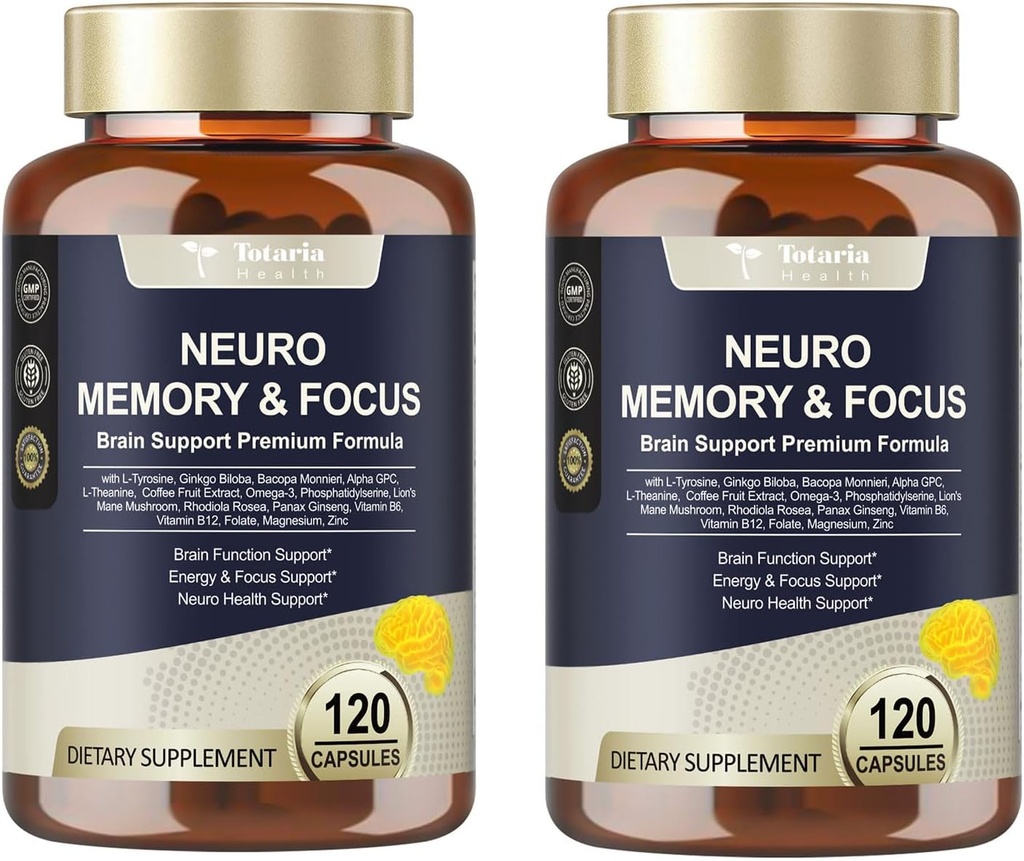 Totaria C- ognitive z kofeiną Pigułki, L- Tyrosine, Alpha GPC, Ginkgo Biloba, Bacopa Monnieri Brain Supplement for Memory and Focus, Brain Nootropic Support - Non-GMO, Gluten Free (120 Liczby)
