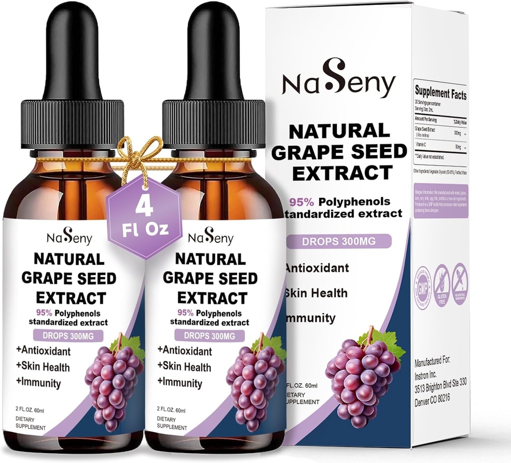 Ekstrakt z nasion winorośli Dropy płynne Standaryzowane do 95% Polyphenols- 300 mg Nasiona winogron Maksymalna wytrzymałość Standaryzowana nalewka, Wysoka Absorpcja Płynne Vitis Vinifera Ekstrakt Dropy -Non-GMO (2 butelki)