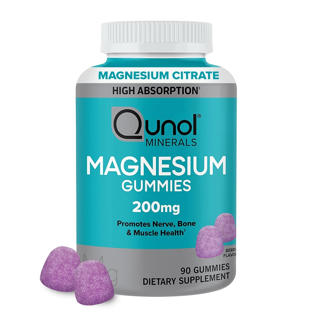 Qunol Gummies magnezu dla dorosłych, 200mg Magnezu pierwiastkowego (od 1,750mg Cytratu magnezu), Wysoka Absorpcja Suplement magnezu, Supports Nerve, Bone and Muscle Health, Wegetarianin, 90 Count