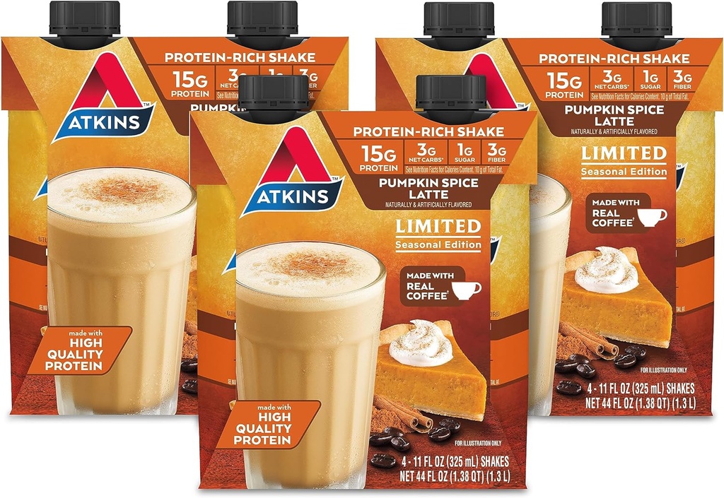Atkins Pumpkin Spice Latte, 15 g białka, 3g węglowodanów netto, 1 g cukru, niska glikemia, Keto Friendly, 12 Hrabia