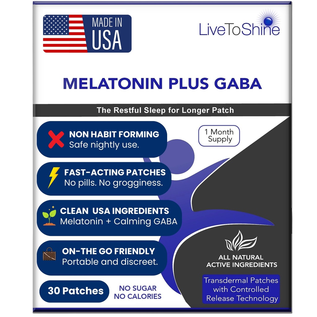 Live To Shine Melatonin Patches for Sleep - Plus GABA to Calm Busy Brains Fast - Perfect Combo for Men and Wolne uwalnianie - 30 Pats - USA Made