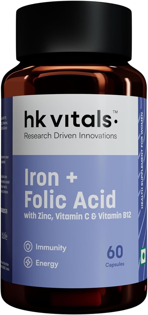 Research Driven Innovations Iron + Folic Acid with Zinc, Vitamin C & Vitamin B12 Supplement (60 Capsules) | Supports Blood Building | Immunity and Energy