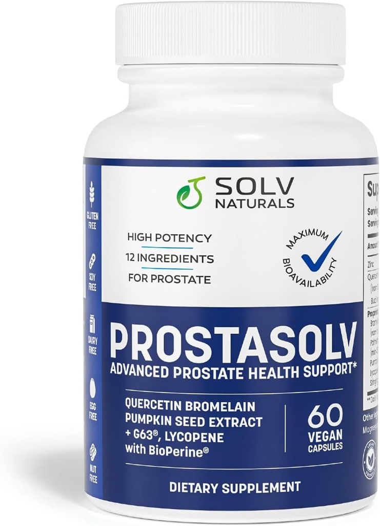 PROSTASOLV Prostate Support for Men 's Health - Formuła zdrowia moczu i prostaty z Quercetin, Bromelain, Beta- Sitosterol, Saw Palmetto for Pevic & Prostate Comfort -60 Czapki