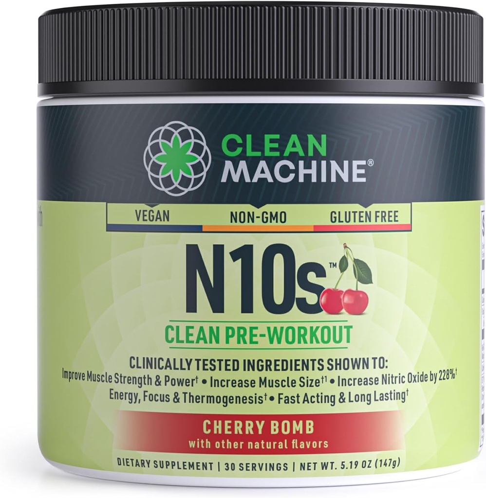 KLEAN MACHINE N10s Plant- Based Pre Workout Powder - Wegan Suplement energetyczny z 3 Klinicznie Tested Opatentowane składniki dla Rozmiar mięśni, Siła, Pompa & Wytrzymałość - Non-GMO, 30 Służenie