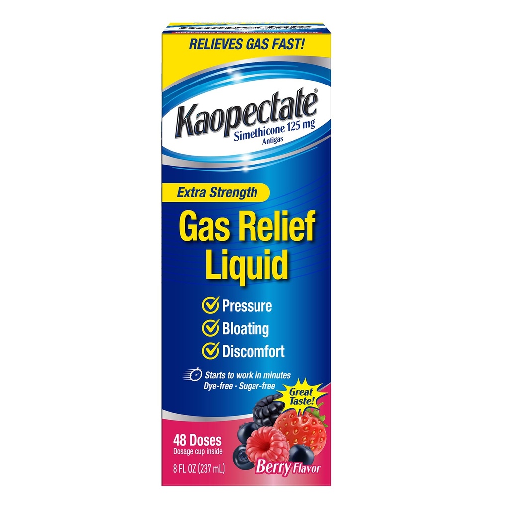 Kaopectate Extra Strength Gas Relief Liquid, Mieszany aromat Berry, Relieves Gaz, Bloating and Pressure, Simeticon 125 mg, 8 oz