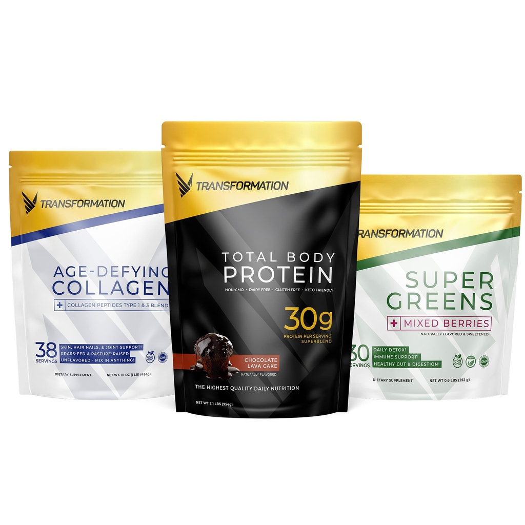 Transformacja Czekoladowy Proszek Białko 124; 30G Wielobiałkowe Supermix + Grass- Fed Zhydrolizowany Kolagen Peptydy Powder- Włosy, Skóra, Nails + Organic Super Zielone Superfood Powder - Immune & Wsparcie energetyczne