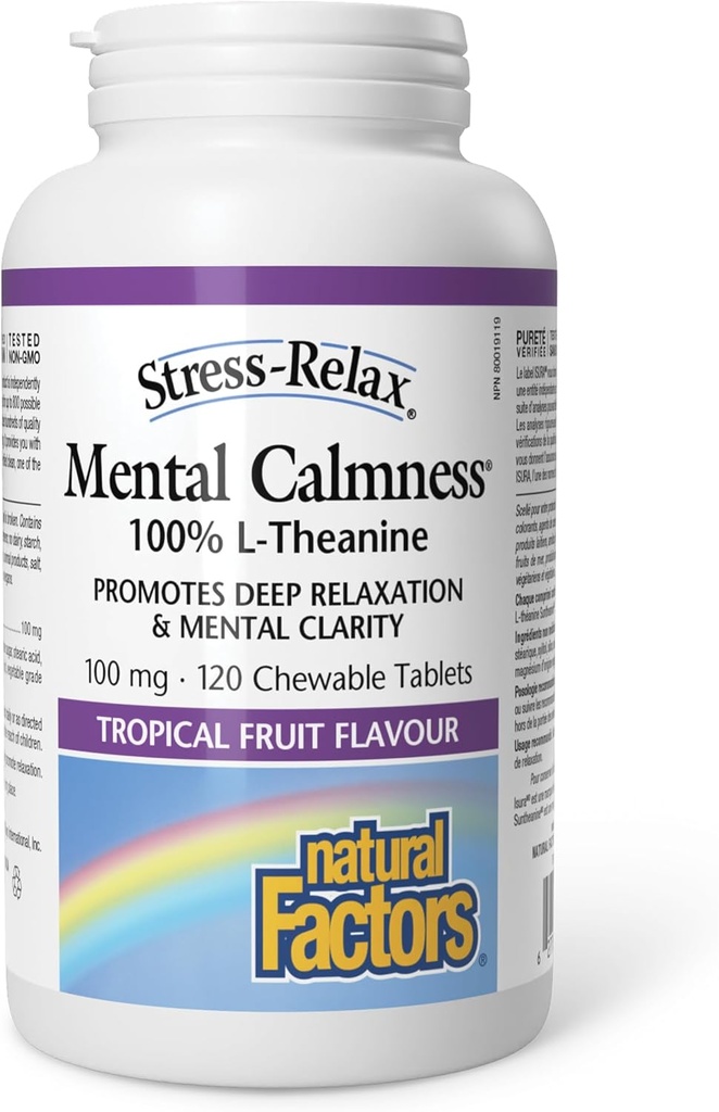 Stress- Relax Żniwa Suntheanine L- Theanine 100 mg przez naturalne czynniki, Non- Drowsy Stress Support dla psychicznego uspokojenia i relaksacji, Tropical Fruit Flavor, 120 Tabletki