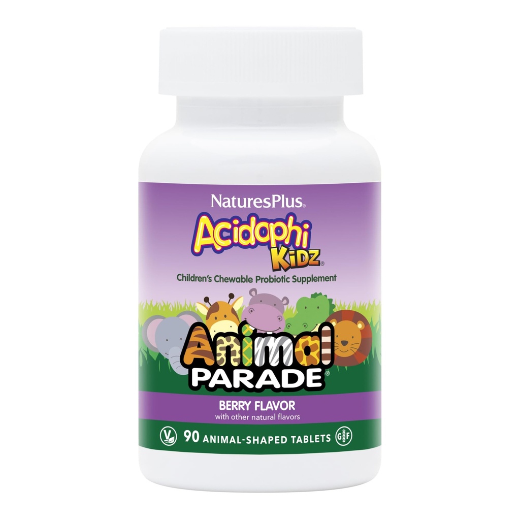 NaturesPlus Animal Parade AcidophiKidz, Berry Flavor - 90 Chewable, Animal-Shaped Tablets - z Probiotyki, FOS & Nasiona winorośli - 90 Służenie ogółem