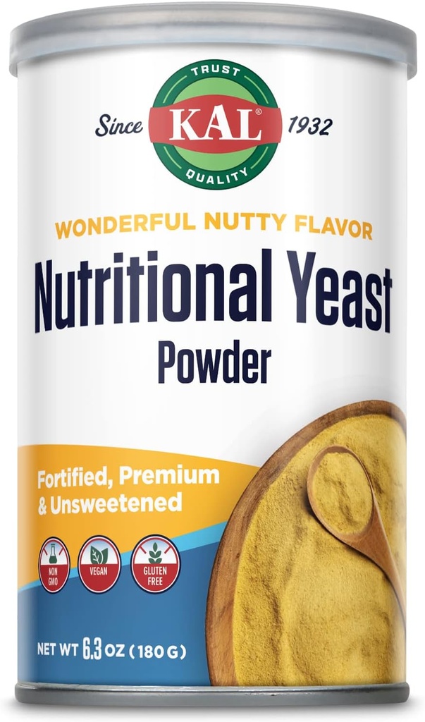 KAL Żywny proszek z drożdży, wzmocniony B6, B12, Kwas foliowy i inne witaminy B, Premium i niesłodzone, Great Nutty Flavor, Wegan, Gluten Free, Non-GMO, 60- Day Guarantee, 20 Sługi, 6.3oz