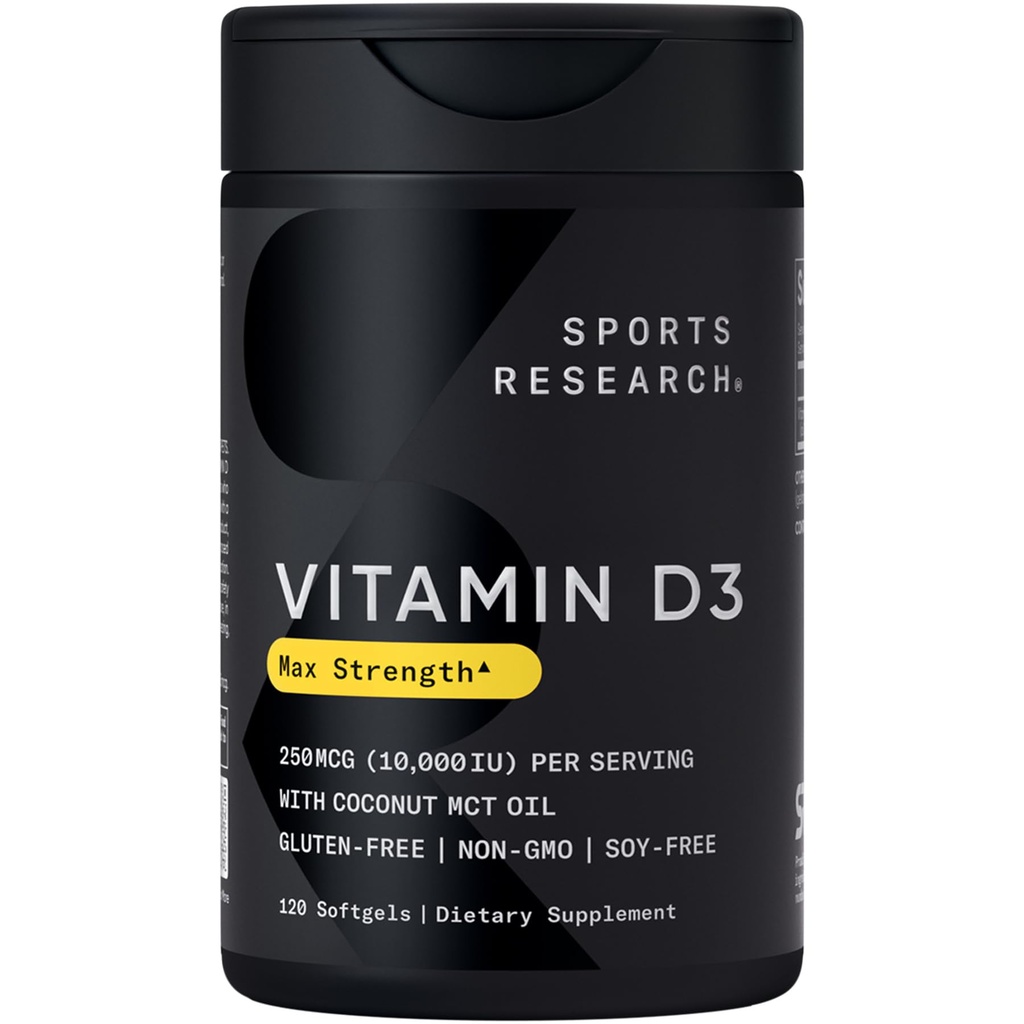 Sport Badania 10.000 iu witaminy D3 Suplement z organicznym oleju kokosowego - Witamina D dla silnych kości i zdrowia immunologicznego - Wchłanianie wapnia - Non-GMO - 250mcg, 120 Mini Softgels dla dorosłych