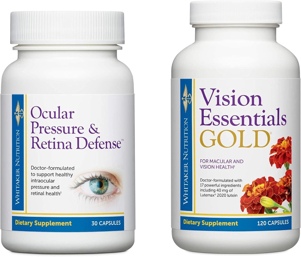 Premium Eye Health Bundle zawiera Vision Essentials Gold, z 40 Mg luteiny, do zdrowej funkcji wizualnej i ciśnienia ocznego i obrony siatkówki do wspierania zdrowych poziomów ciśnienia wewnątrzgałkowego