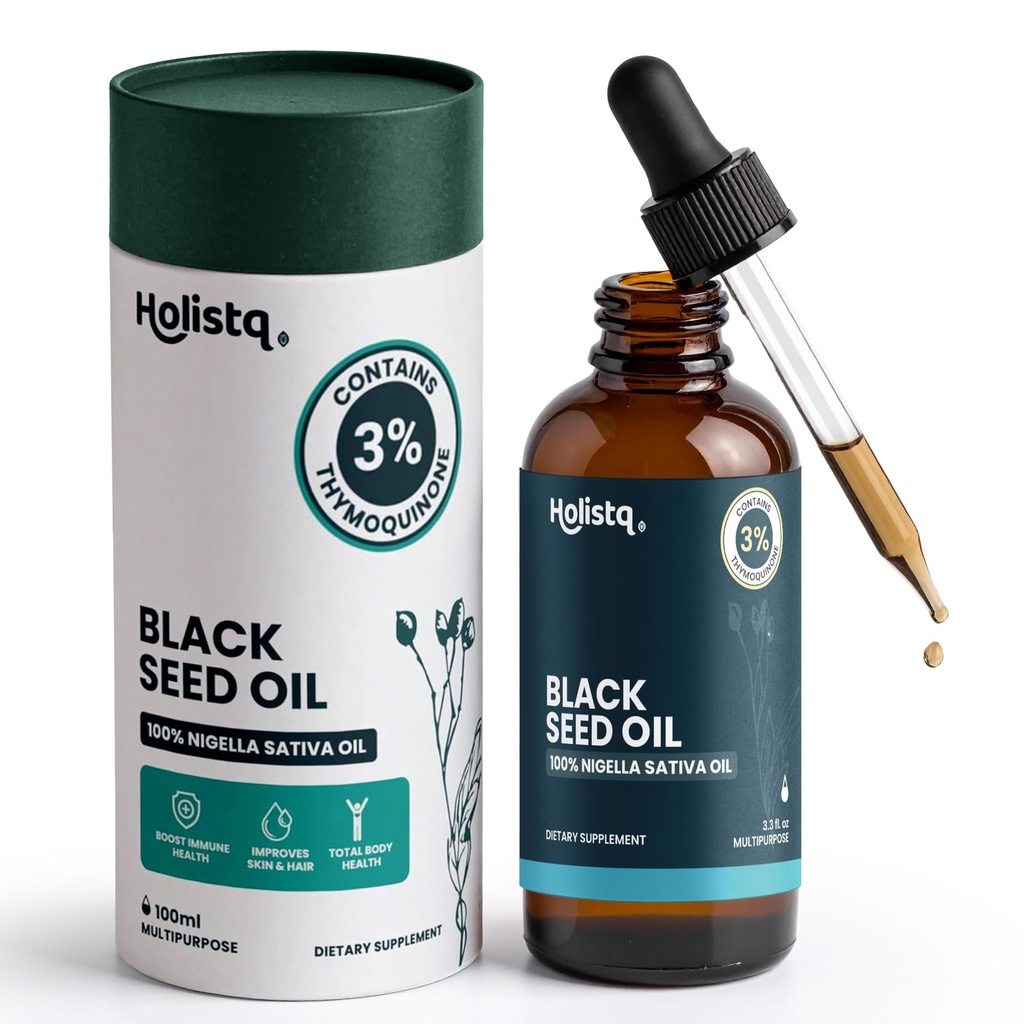 Holistiq Black Seed Oil Organic Cold Pressed Drops 124; 3% Thymoquinone Between 124; Non-GMO & Vegan Between 124; Cold Pressed Black Cumin Nigella Sativa Oil for Immune Support, Aceite de Comino Negro - Drops, 100 ml