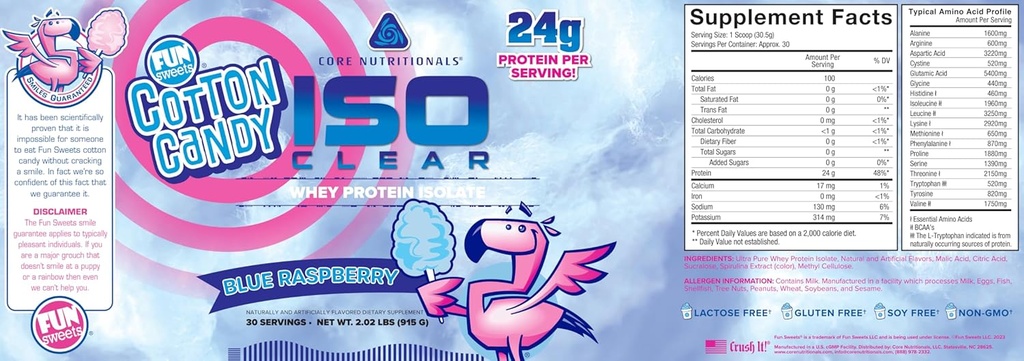 Iso Clear Whey Protein Isolate: 124; Niskie Calorie, Carb, & Fat: 124; Laktoza Free & Easy to Digest: 124; 24 g Protein, Zero Sugar: 124; 2 Funt (Fun Sweets Blue Malina)