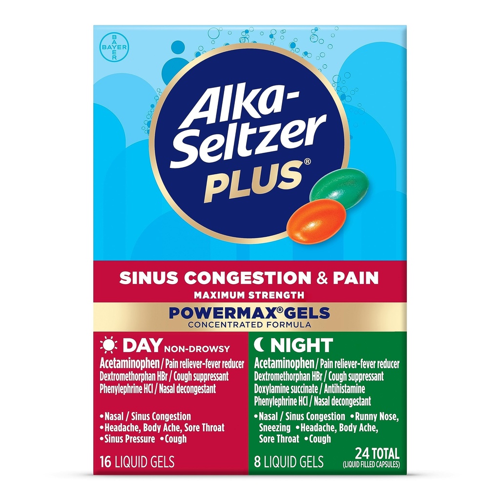 Alka- Seltzer Plus Maksymalna siła PowerMax Zatory zatokowe i leki przeciwbólowe, Dzień + Żele nocne - Potężna ulga dla zimna i grypy, + Zatory zatokowe dla dorosłych i dzieci 12 + Lata, 24
