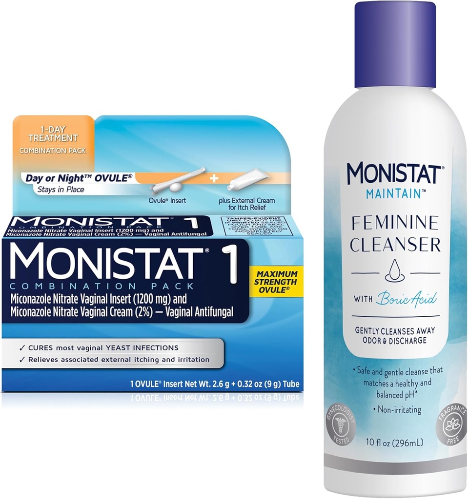 Monistat 1 Day Yeast Infection Treatment for Women, 1 Miconazole Ovule insert & External Monistat Anti- Itch Cream Bundle + 10 fl oz Kwas borowy Oczyszczacz kobiecy
