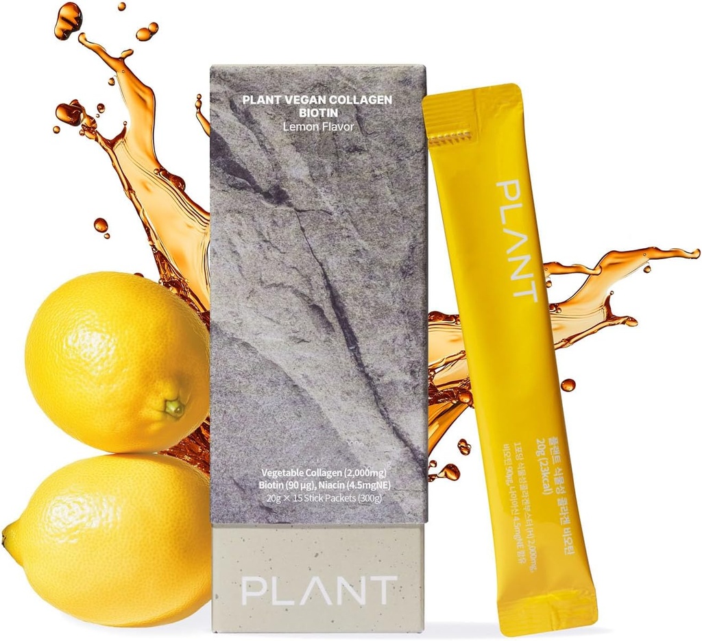 PLANT Vegan Liquid Collagen, Biotin, Niacide 124; 2,000mg Hydrolizat Collagen Peptydes 124; Kosher & Halal Certified Amend124; Lemon Flavor Amend124; Skóra, Włosy i Nail Support 124; 363Da Ultra Niskie Molekularne 124; 15 Pakiety stick