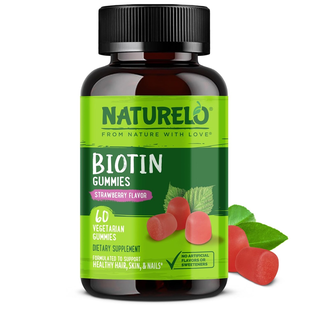NATURELO Gumiaki biotin - Wspiera zdrowe włosy, skórę i paznokcie - Wysoka potencja 2500 µg - Nie GMO, Gluten Free - 60 Gumies