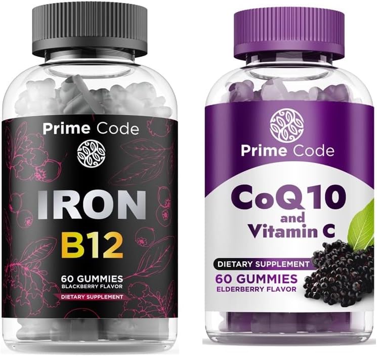 Żelazne żeberka pierwszorzędowe dla kobiet i mężczyzn z witaminą B12, [2 w 1] CoQ10 200mg & Witamina C 250mg Gummies