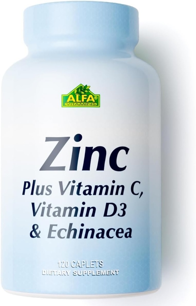 ALFA VITAMINS Cynk + witamina C, D3 i Echinacea Suplementy, Immune Support Formuła z zwiększoną absorpcją, Wspiera zdrowie kości, Funkcje immunologiczne, i ochrony przeciwutleniacze, 120 Kaplety