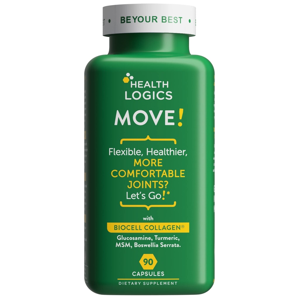 Health Logics Move! Zdrowe połączenia z BioCell Collagen, Glukozamina, MSM, Witamina C, Turmeric Extract 95% Kurkuminoidy, Boswellia Serrata Agregat 124; Wsparcie Joint Comfort Agregat 124; Non-GMO Agregat 124; 90 Kapsułki