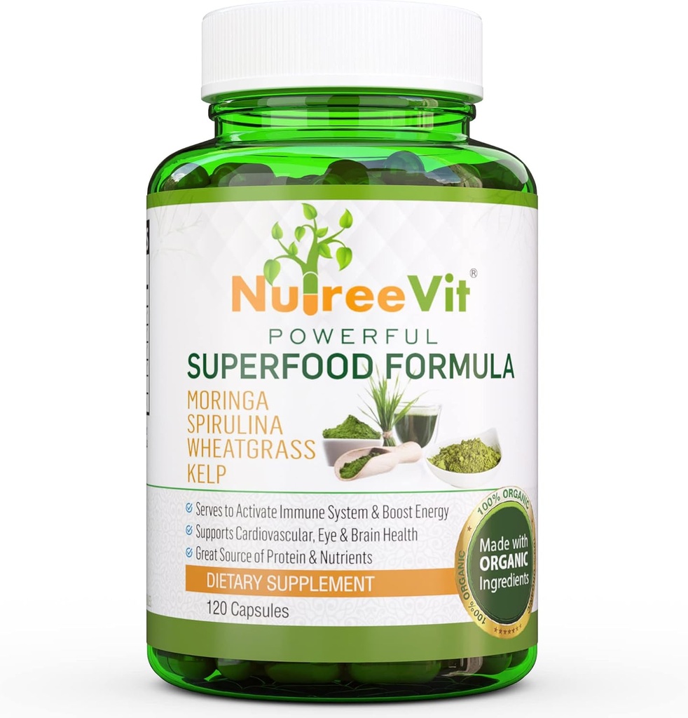 NutreeVit 100% Organic Powerful Superfood Formuła - Immune System Booster Energy Pills z Moringa, Spirulina, Wheatgrass i Kelp - 240 Cont Bottle
