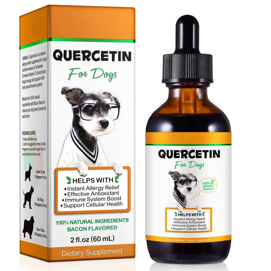 Quercetin dla psów, Dog Quercetin płynne krople, Dog Quercetin Herbal Supplement Supplement Hellergy Relief, Zdrowie komórkowe, Immune Boost, Przeciwutleniacz -60 ml