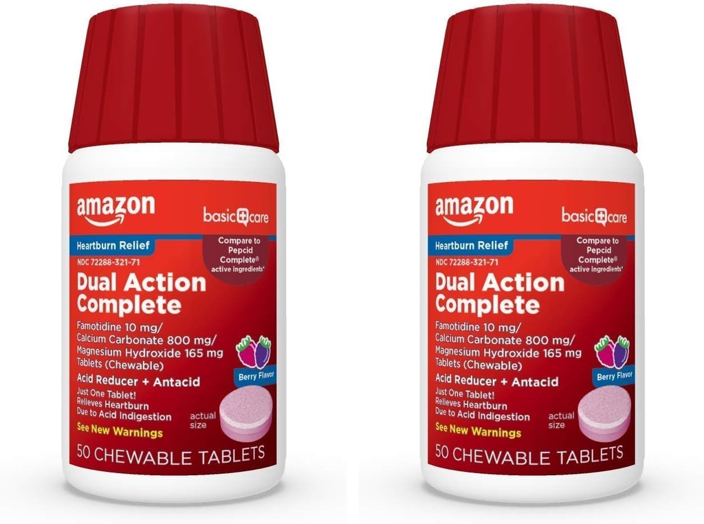 Dual Action Basic Care Complete, Reduktor kwasu do żucia Plus tabletki przeciwnowotworowe, Berry Flavor, Heartburn Medicine, Acid Infersition Relief, 50 Count (Opakowanie po 2)