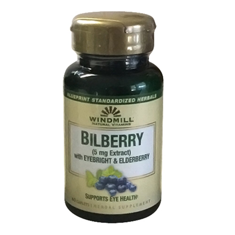Windmill Bilberry 5 mg Extract Capplets, Z Eyebright & Elderberry Supports Eye health, 60 Ea