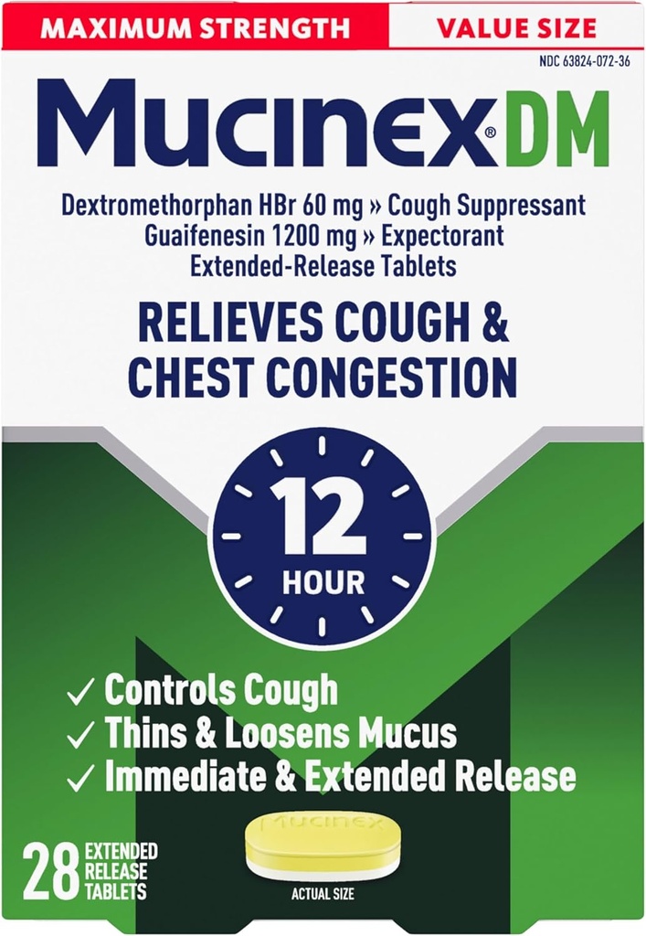 Mucinex Cough Suppressant and Expectorant, DM Maximum Strength 12 Hour Tablets, 28ct, 1200 mg Guaifenesin, Relieves Chest Congestion, Quiets Wet and Dry Cough, # 1 Doctor Recommended OTC Expectorant