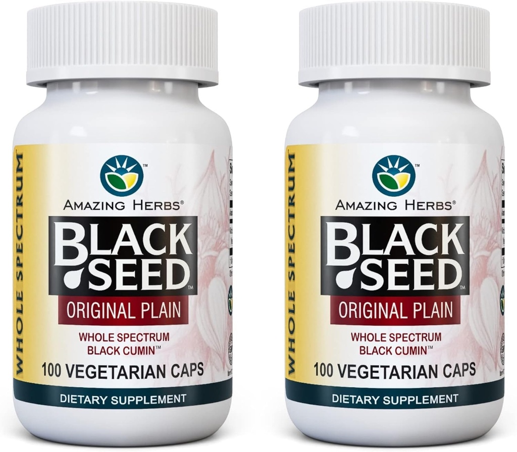 Niesamowite Herbs Whole Spectrum Black Seed Original Plain, Kapsułki wegetariańskie - Gluten Free, Nie GMO, Cold Pressed Nigella Sativa Aid in Digestive Health - 100 Count, 475mg (2- Pack)