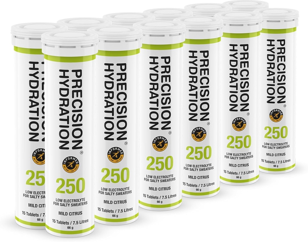 Precision Hydration Electrolyte Drink - Multi Strength Effervescent Hydration Tablets - Low Calorie, Gluten Free, Vegan/Vegetarian Friendly (12 Tubes, 250mg/L - Green Tube)