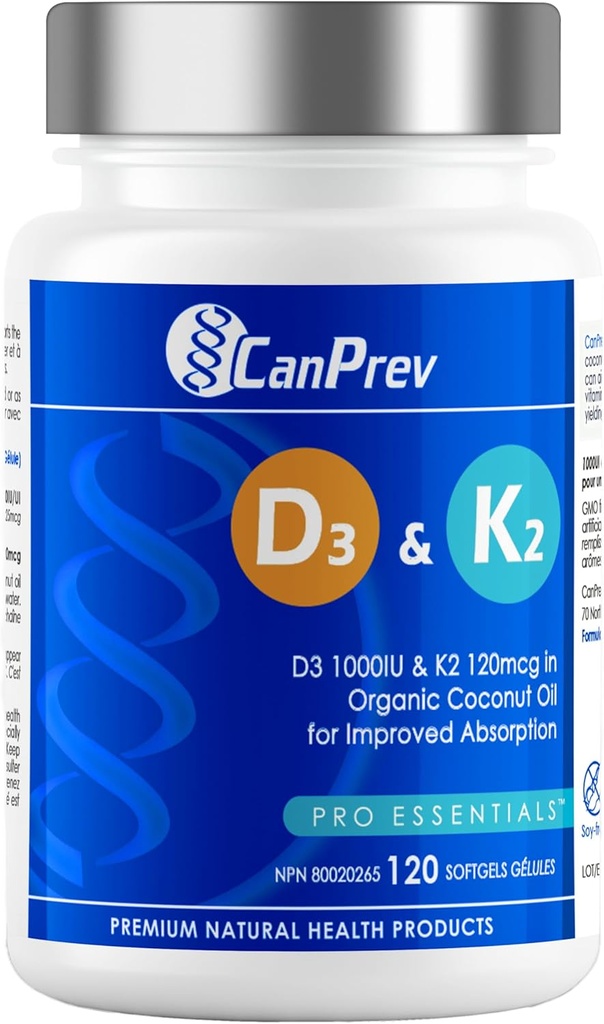 CanPoprzedni D3 & K2 Witaminy 120 Softgels, 120- Day Supply, 1000IU Witamina D3 & 120mcg K2, Wspomaga silne kości, Teeth & Heart Wellness, Easy- To- Absorb z organicznym olejem kokosowym, No GMO, Gluten, Soy, Dairy