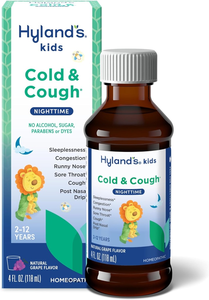 Hyland 's Kids Cold and Cough, Nighttime Grape Flavor Cough Syrop Medicine for Kids Ages 2 and up, Decongestant, Sore Throat, and Sleepless Relief of Common Cold Symples, 4 Fl Oz