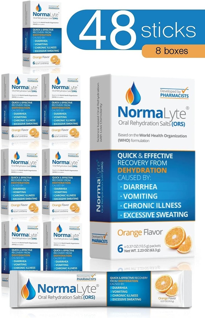 NormaLyte Doustne opakowania nawadniające Salts- 48 Sticks (Wynosi 500 ml na opakowanie) - Pomarańcza 124; Suplementy energetyczne, Suplement potasu, Odzysk odwadniania i szybkie wchłanianie