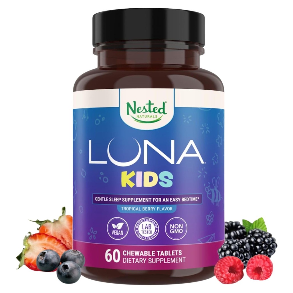 LUNA Dzieci 124; # 1 Tabletki pomocy sennej dla dzieci 4 + i wrażliwych dorosłych 124; Naturalne składniki odżywcze 124; 60 x Pigułki do żucia 124; Delikatne, Suplement ziołowy z rumianku, Melatonina, Walerian & Lemon Balm