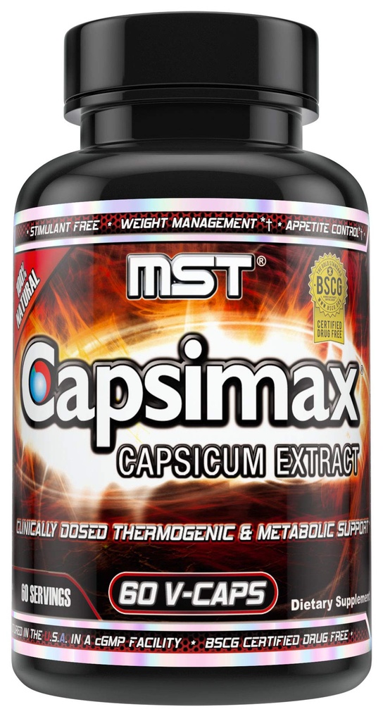 MST Capsimax Suplement 100mg V Kapsułki, 60 Służenia Klinicznie dozowane Zarządzanie Wagą, Termogeniczne, Apetite Control, Calorie Burning, Zdrowie Metaboliczne, Stymulant wolny. BSCG Certified
