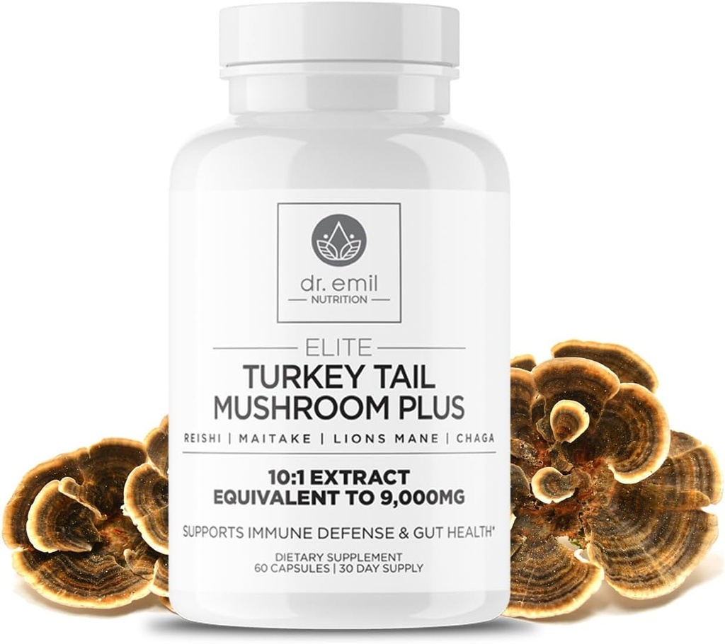DR. EMIL NUTRITION Turkey Tail Mushroom Capsules - Turkey Tail Mushroom Supplement for Immunity & Gut Health - Elitarna formuła z Lwie 's Mane, Chaga, Reishi & Maitake