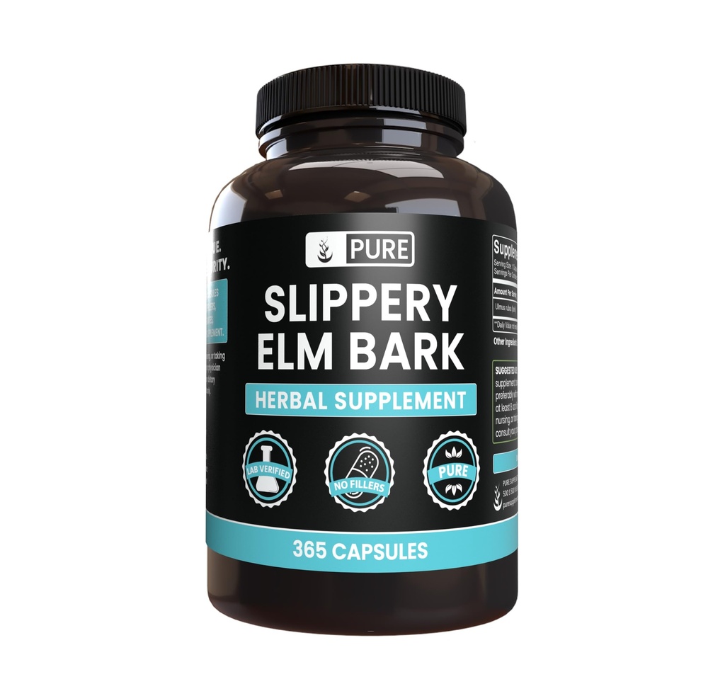 Pure Original Ingredients Slippery Elm Bark (365 Kapsułki) Brak magnezu lub wypełniaczy ryżowych, Zawsze Czysty, Laboratorium zweryfikowane