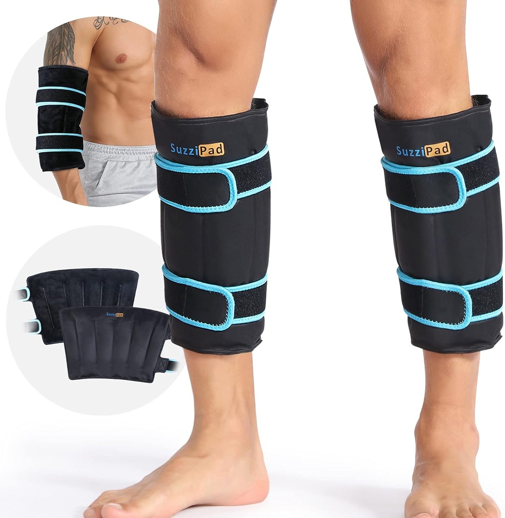 SuzziPad 360 ° Zimny Pack dla cieląt, Shin, Arm & Elbow - Ice Wrap z Dual- Cover Design, Regulowany Velcro Straps, szczelne i wielokrotnego użytku Cold Compress for Post- Workout Recovery (2 opakowania), Czarny