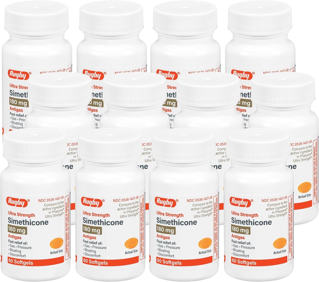 Rugby Ultra Simeticone Gas Relief 180 mg - Maksymalna ulga gazowa dla dorosłych - Może pomóc w objawach wzdęcia, wzdęcia, pełni gazu - 60 Softgels (12 Pack)