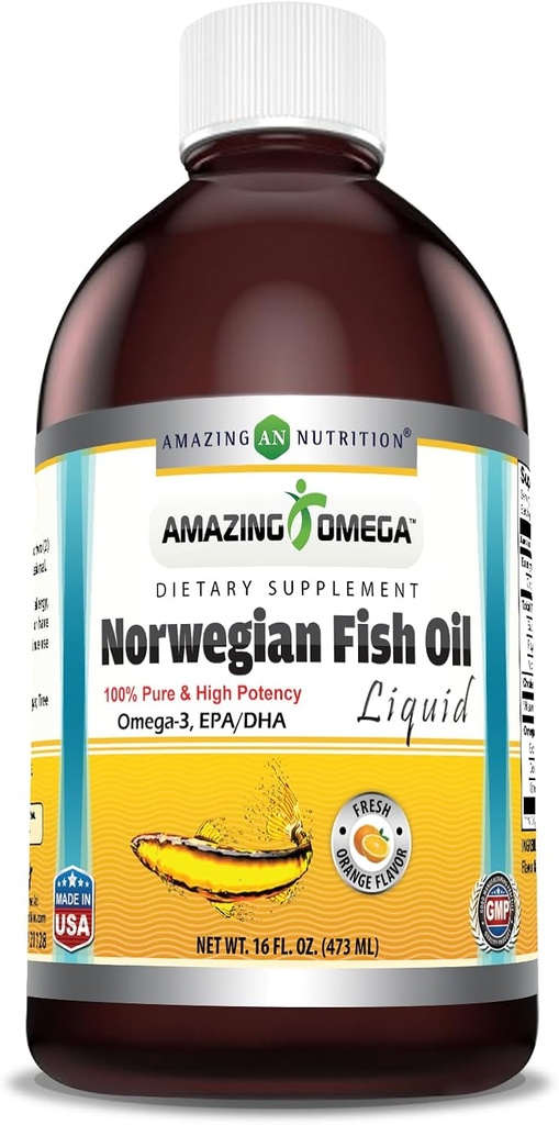 Amazing Omega Norwegian Fish Oil 16 Oz Supplement Supplement Agregates 124; 1625mg Omega -3, DHA, EPA per Serving Agregates 124; Fresh Orange Flavor Agregates 124; Non- GMO Agregat 124; Gluten Free