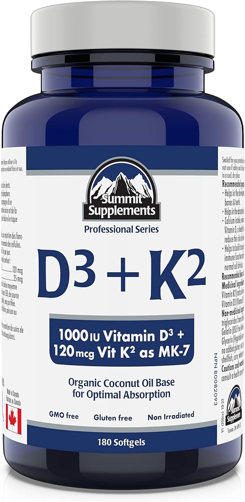 Supplements Summit - Witamina D3 K2, 180 Softgels - Sformułowane, aby pomóc utrzymać zdrowe kości, zęby i mięśnie - Wsparcie ciała Wchłanianie wapnia i zmniejszenie ryzyka złamań