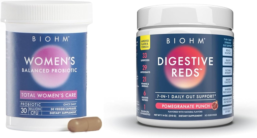 BiOHM Probiotyki kobiet 30B CFU & 210 oz Esential Digestive Red Powder Bundle, Kompleksowe Gut & Vaginal Health Support, Bogate w przeciwutleniacze, Enzymy, Witaminy