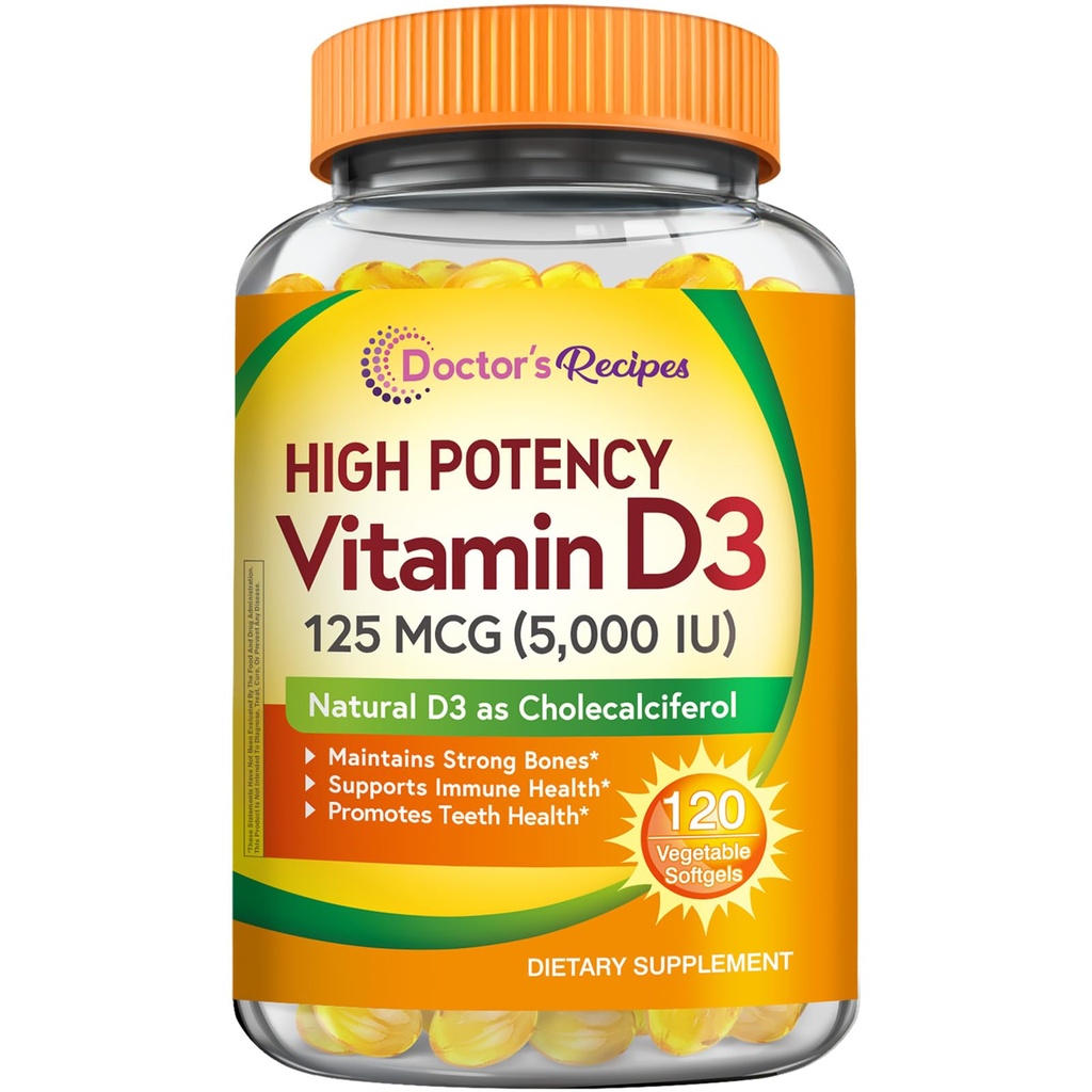 Lekarz 's Recipes Witamina D3 5000IU, Immune Support for Bones, Zęby i Immune Function, Non-GMO, No Gelatin, Gluten lub Soy, 120 Softgels wegetariańskie