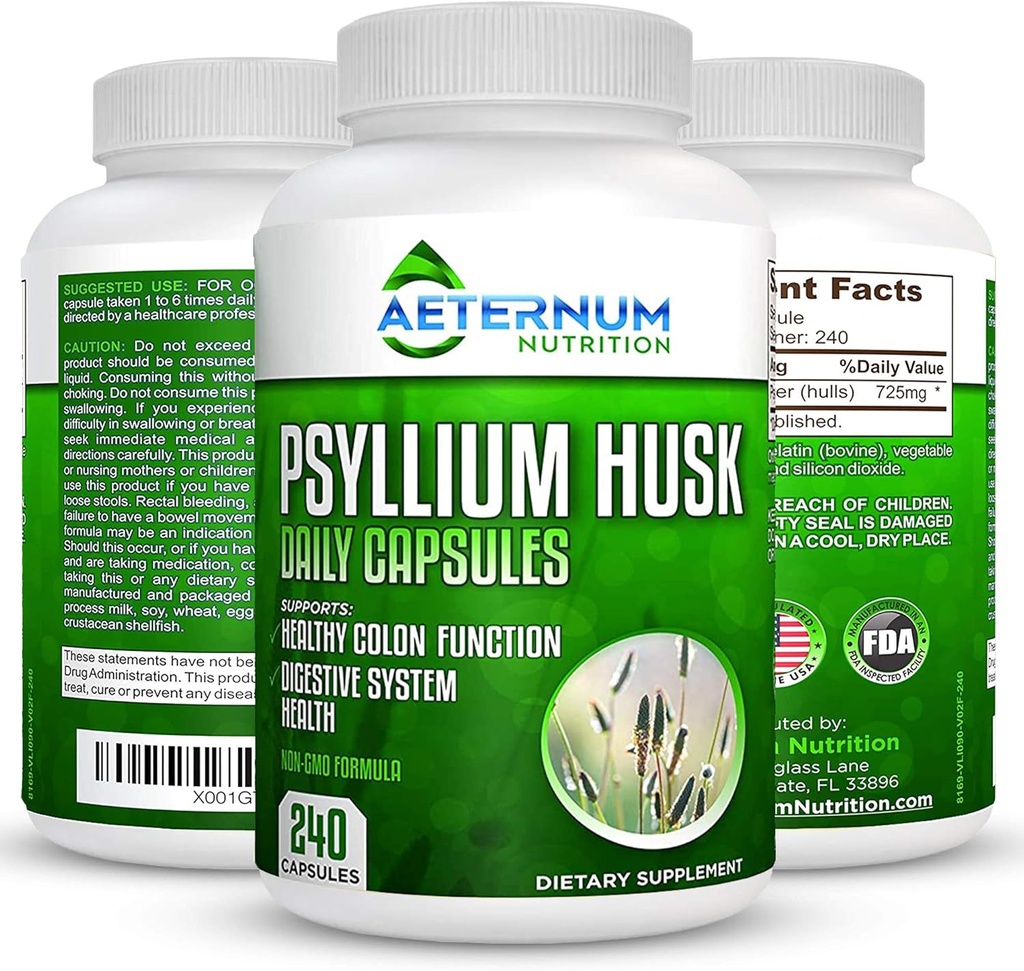 Aeternum Psyllium czapki Husk USA Made - Premium All Natural Fiber Supplement - 240 Kapsułki proszku Husk 725 Mg na serwis, Wspiera zdrowy system spożywczy - Wszystkie naturalne 100% Rozpuszczalny