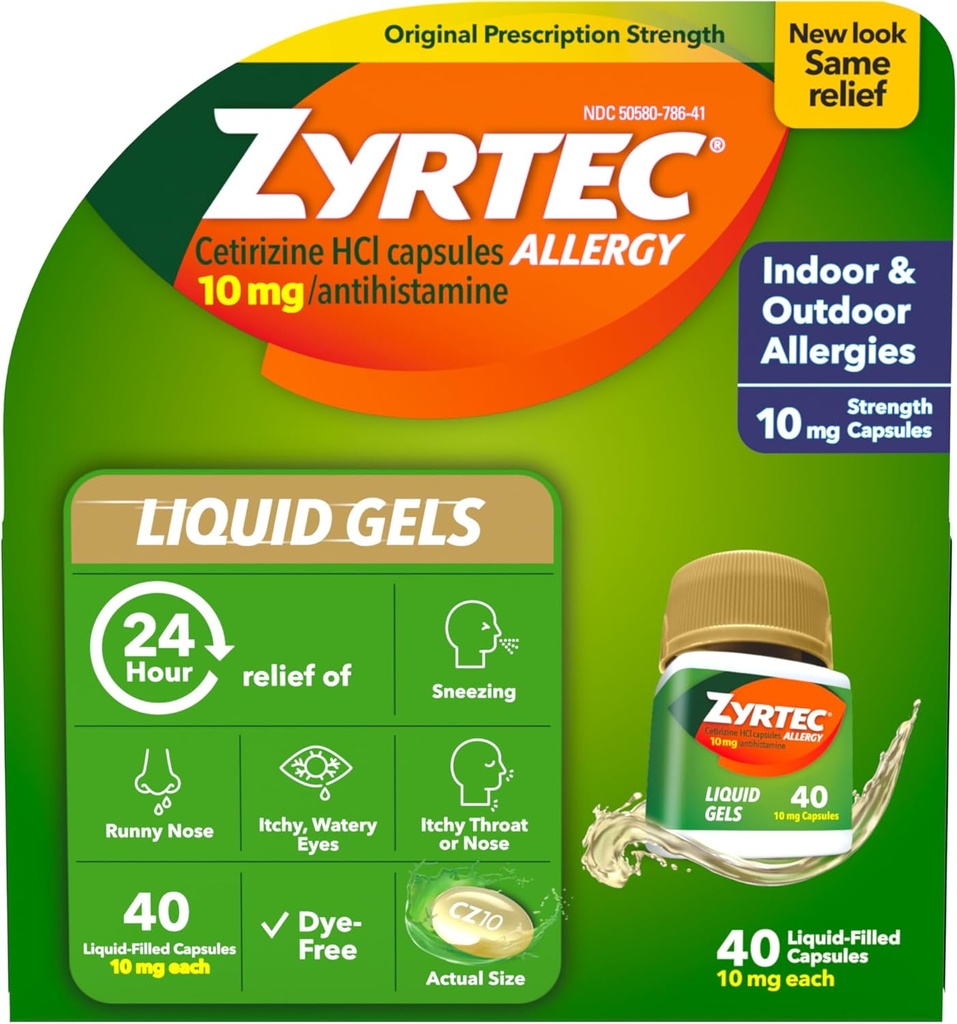 Zyrtec 24 Hour Allergy Relief Liquid żele, Antyhistaminowe kapsułki z Cetirizine HCl Alergy Medicine for All- Day Relief from Runny Nose, Sneezing, Itchy Eyes & More, 40 Count
