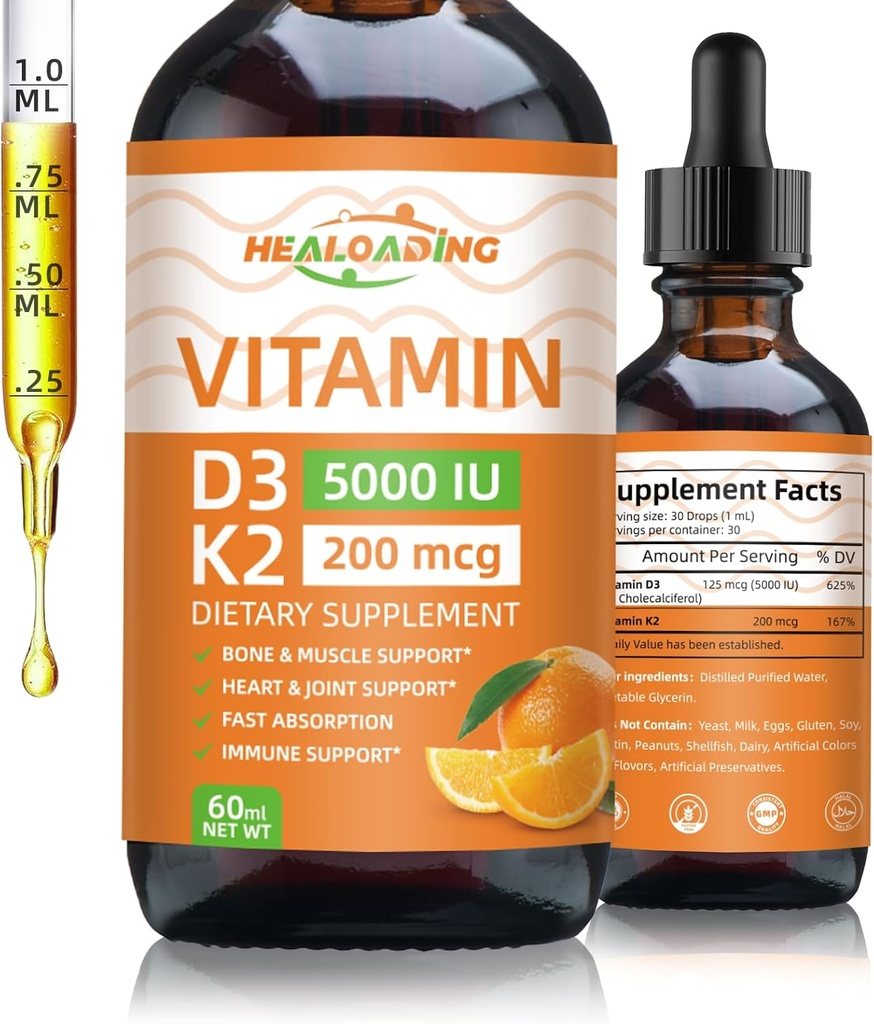 Witamina organiczna D3 + K2 Krople: 5000 j. m. na bazie Plant- based D3 & 200mcg K2 Liquid Supplements Amendments 124; Szybka absorpcja dla immunologicznego wsparcia, Bone Health & Heart Care Amend124; Wegan, Non-GMO (30ml)